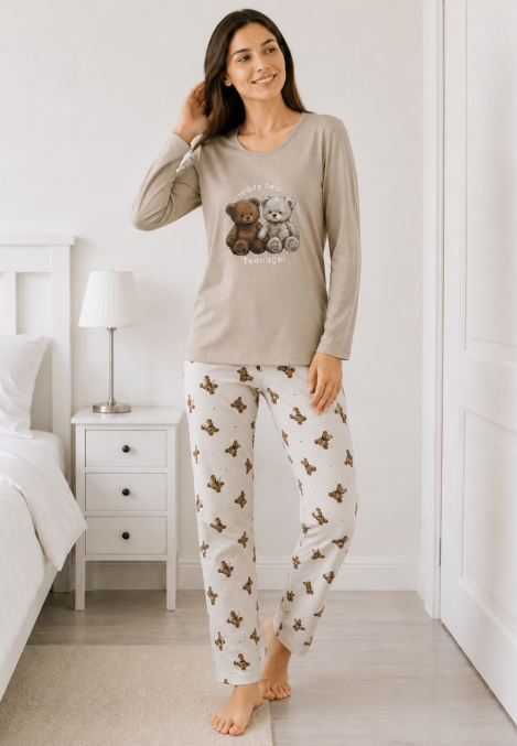 Pijama de damă cu bluză cu maneca lunga și pantaloni lung -Bej ,Engros